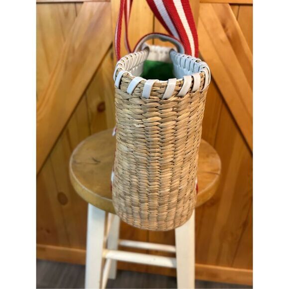 Donna Dixon Jennifer Rattan Basket Weave Red White Strap Tan Tote Handbag Purse - Picture 3 of 10